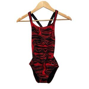 Dolphin 1 Piece Women’s Bathing Swim Suit Sz 32 Red Black Racer Back